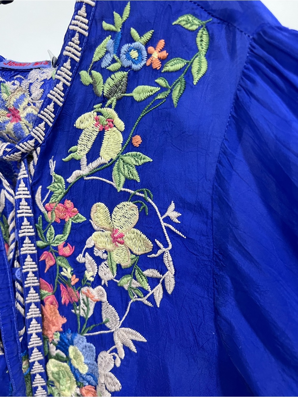 Johnny Was vibrant Blue Embroidered intricate bird floral V-Neck Tunic XL - Picture 13 of 14